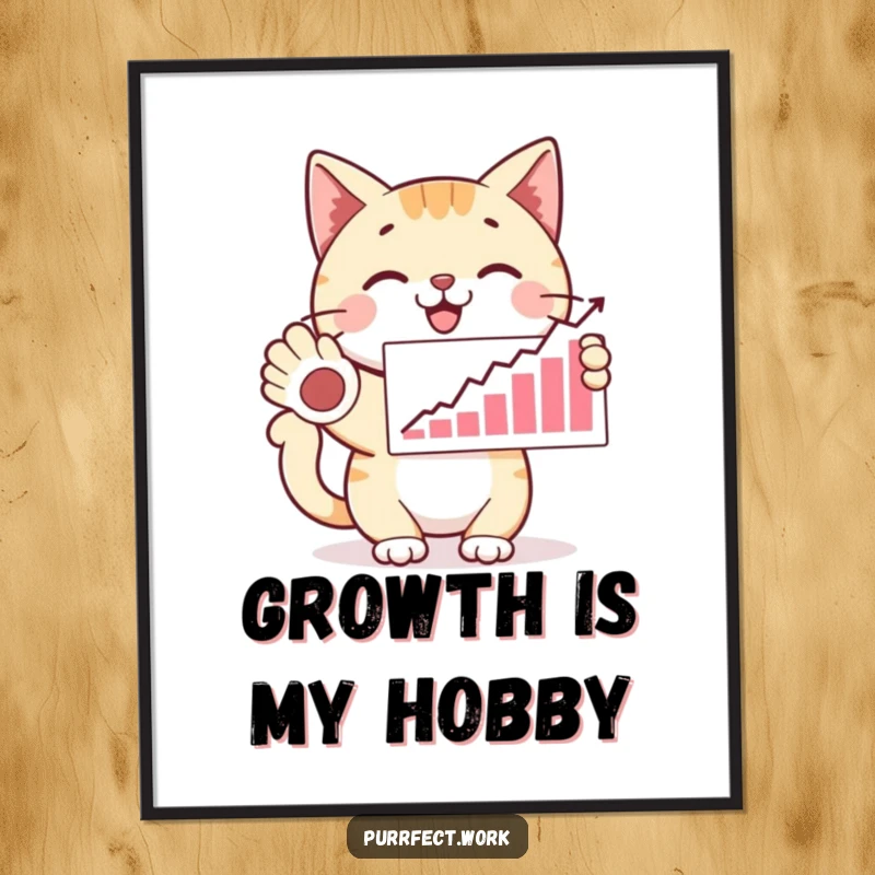 Funny happy cat presenting a graph with a paw, looking proud, a downloadable humorous digital art print for a funny gift.