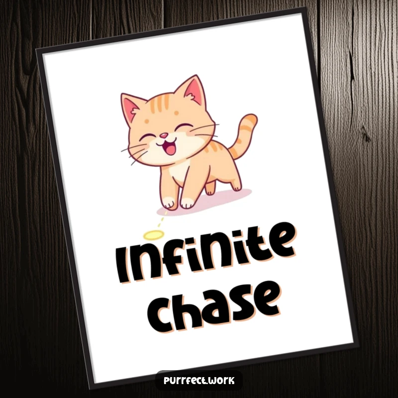 Funny Digital Art Print of an energetic cat intensely chasing a laser pointer dot, capturing playful action.