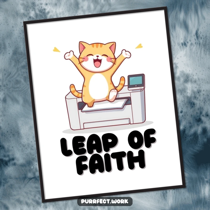 Digital art print of a funny cat joyfully leaping over a printer, full of energy and humor, ready to download.