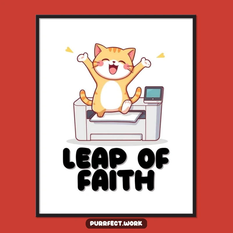 Funny Cat Printer Leap Digital Art: Joyful Feline's Triumph, Instant Hilarious Decor