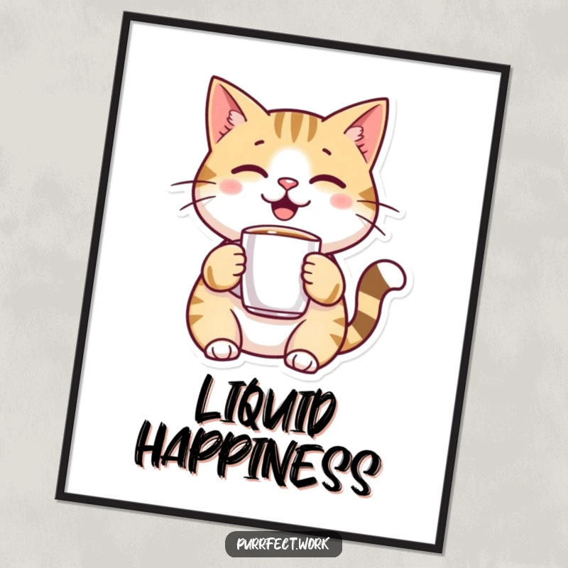Funny, cheerful cat character holding a small coffee mug in a digital art print, ideal for instant, happy decor.