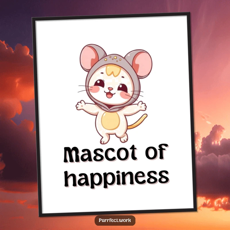 Funny Mouse Cat Digital Art Print: A whimsical digital illustration of a happy cat wearing a mouse mascot costume, dancing.