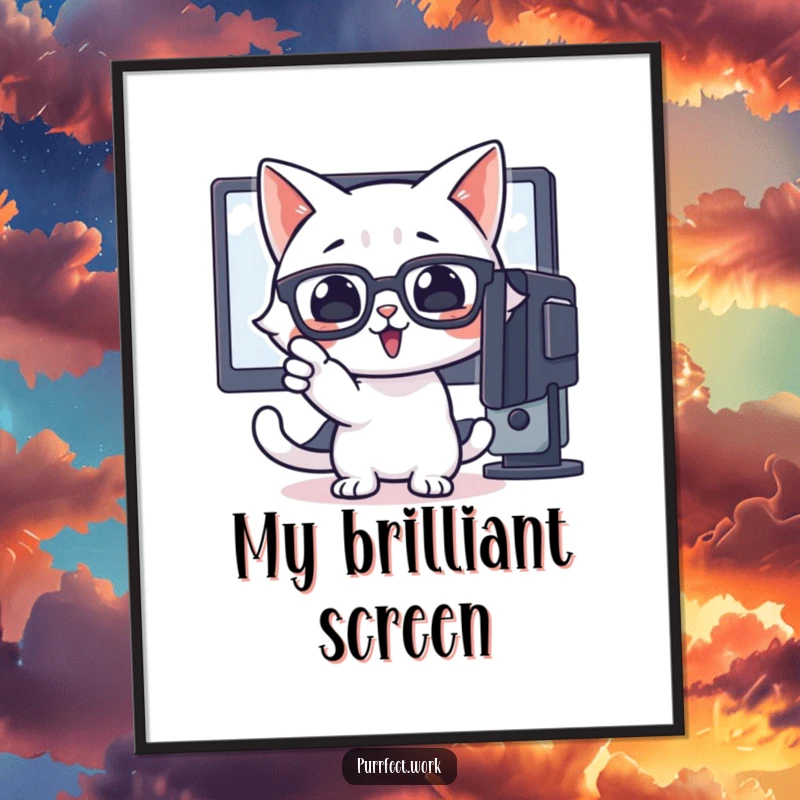 Funny digital art print of a cat wearing glasses, pointing enthusiastically at a computer screen, celebrating insight.