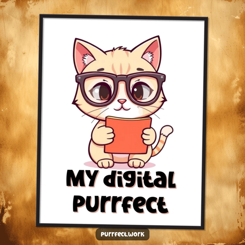 Funny digital art print of a cat wearing reading glasses, staring intently at a screen, immediate funny gift idea.