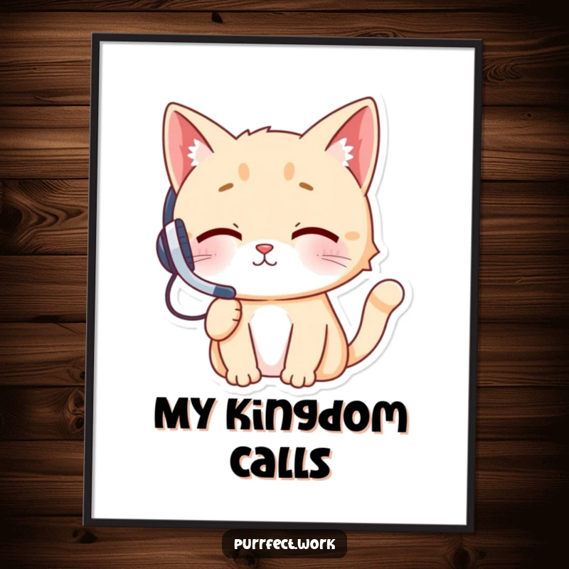 Funny cat wearing a headset and talking on a phone, rendered as a digital art print, full of personality and humor.