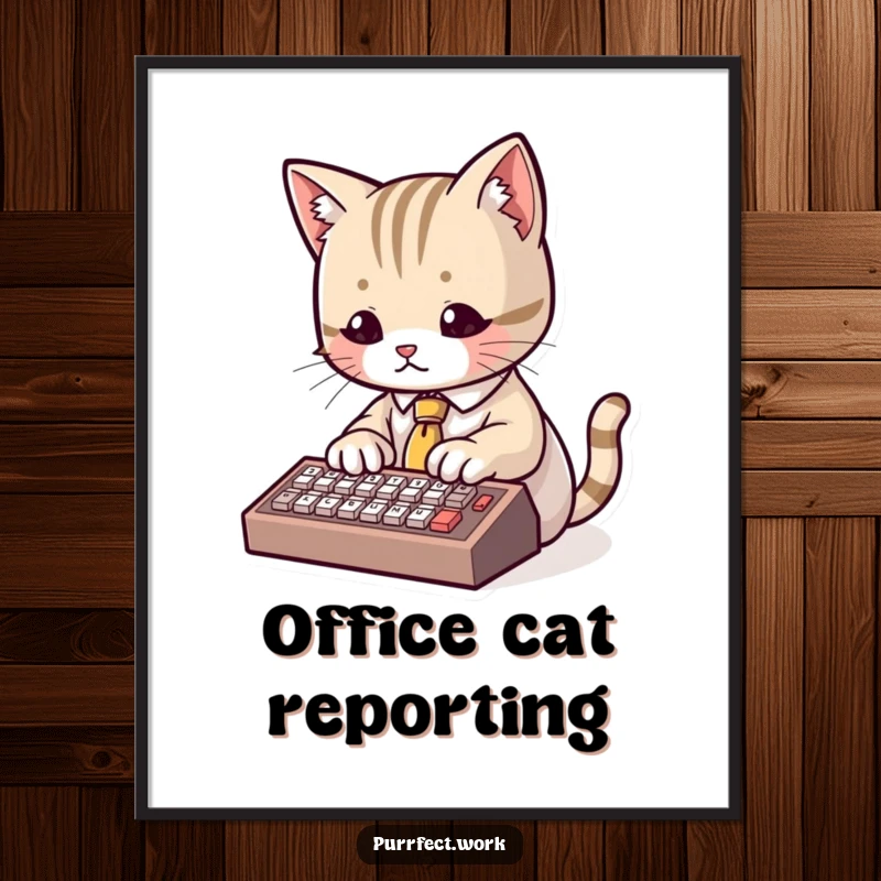 Funny Digital Art Print of a cute cat wearing a tiny tie and typing on a miniature keyboard, a humorous piece for wall decor.