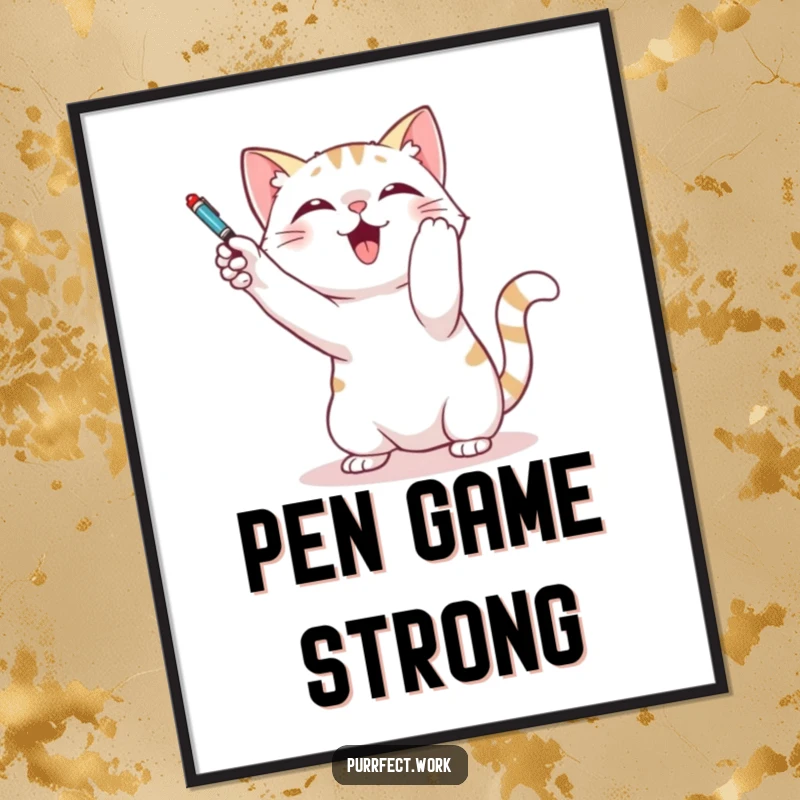 Funny digital art print of a cat playfully batting at a dangling pen, capturing a moment of pure feline joy and energetic fun.