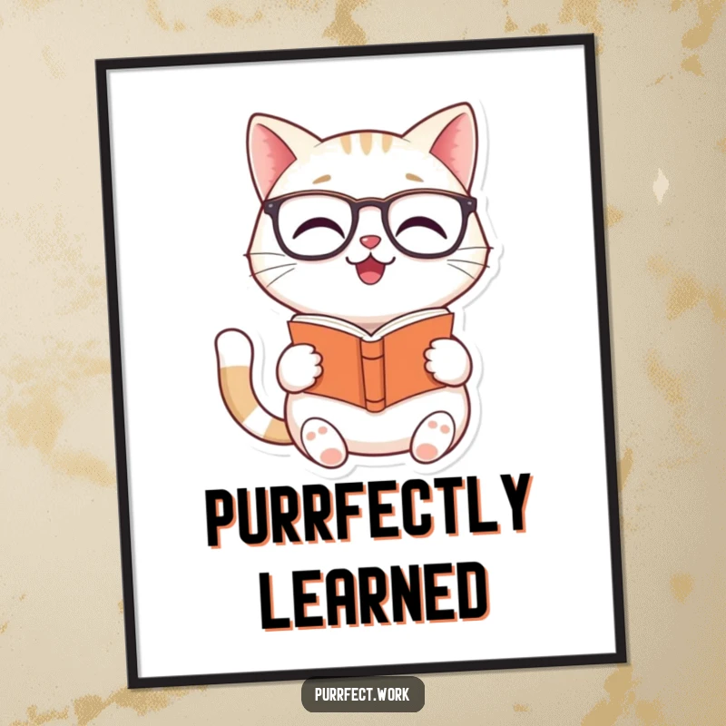 Funny Cat Reader Digital Art Print: A whimsical digital illustration of a smiling cat wearing glasses, reading a tiny book.