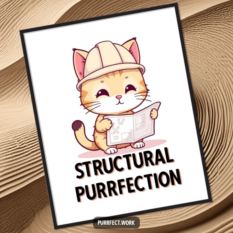 Funny digital art of a playful cat in a hard hat, looking at a blueprint, perfect for creative workspaces.