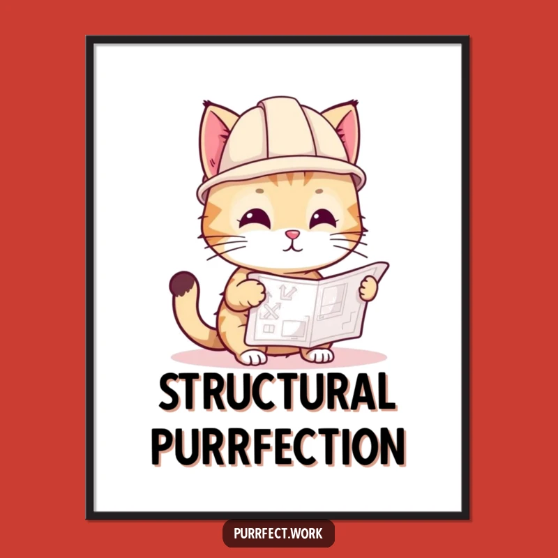 Funny Cat Hard Hat Digital Art: Playful Builder Cat with Blueprint, Decor