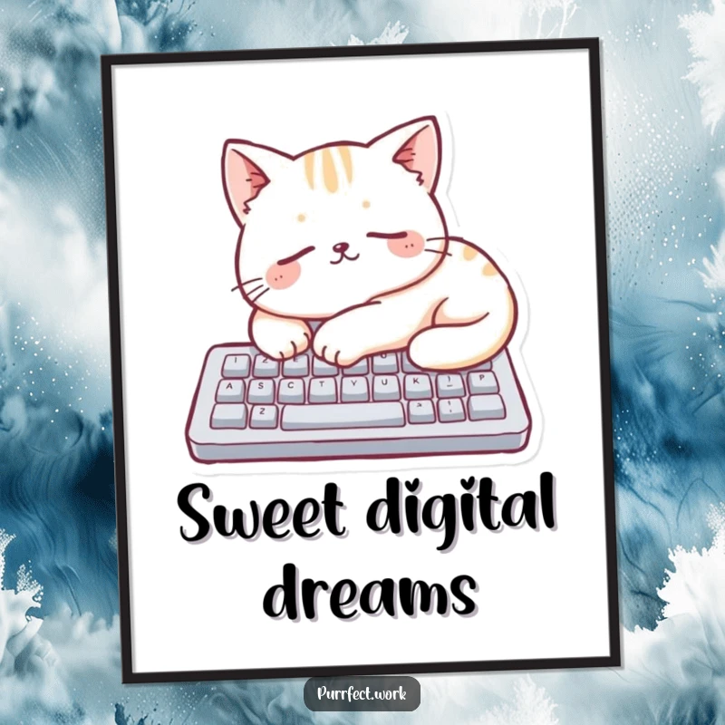 Funny cat sleeping on a small keyboard in a digital art print, ideal for instant, humorous home decoration.