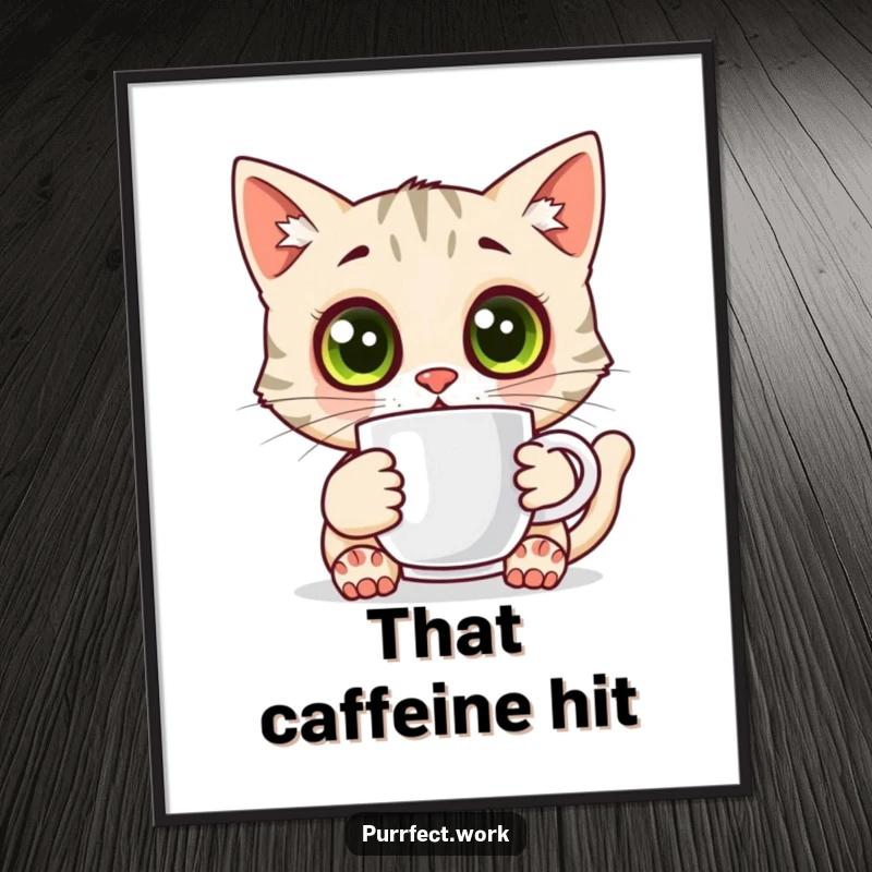 Funny surprised cat digital art print, a cat with wide eyes holding a coffee mug, vibrant and humorous.