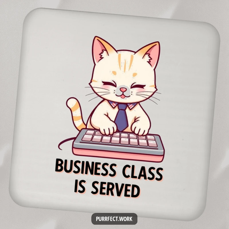 Funny cute cat wearing a tiny tie, typing furiously on a keyboard, a humorous coaster for drink protection, a funny gift.