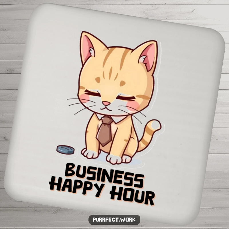 Funny drink coaster featuring a cat in a tiny tie, diligently focused, protecting surfaces with professional feline charm.