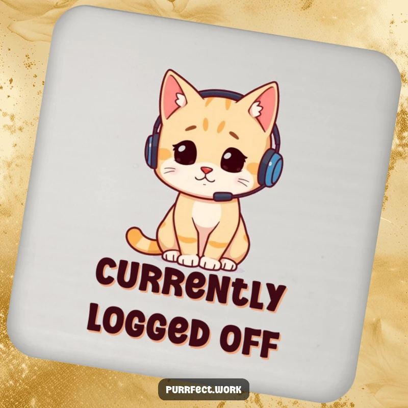 Funny drink coaster with a busy cat wearing a headset, adding a touch of humor and personality to any surface.