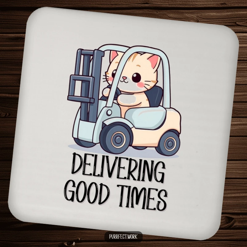Funny cat character driving a miniature toy forklift on a protective drink coaster, adding humor to any surface.