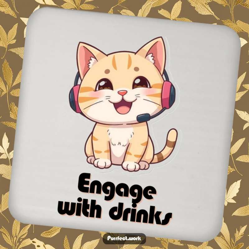 Funny gamer cat coasters, set of coasters featuring a cat with a headset looking alert and engaged, protecting surfaces with humor.