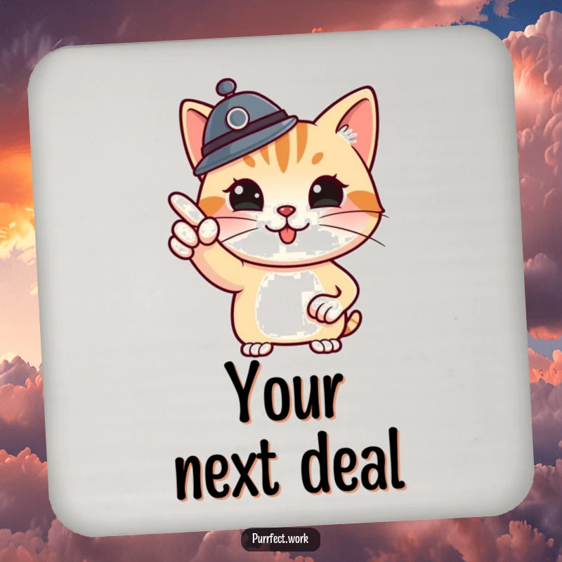 Funny boss cat coasters, set of coasters featuring a cat boss pointing at a whiteboard, protecting surfaces with executive humor.