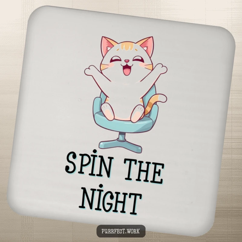Funny drink coaster featuring an enthusiastic cat gleefully bouncing on a swivel chair, protecting surfaces with feline-fueled fun.