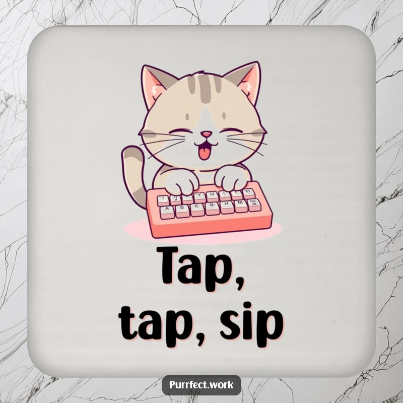 Funny busy cat drink coaster, a cat typing furiously on a mini keyboard, protects tables from drinks.