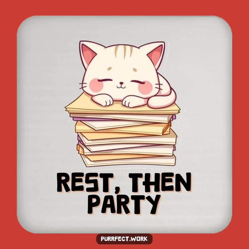 Funny Cat Coaster: Sleepy Feline on Papers, Protects Surfaces Hilariously!