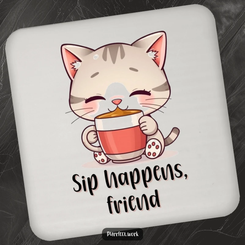 Funny cat coffee coaster featuring a happy cat drinking from a tiny mug, protecting surfaces with adorable humor and style.