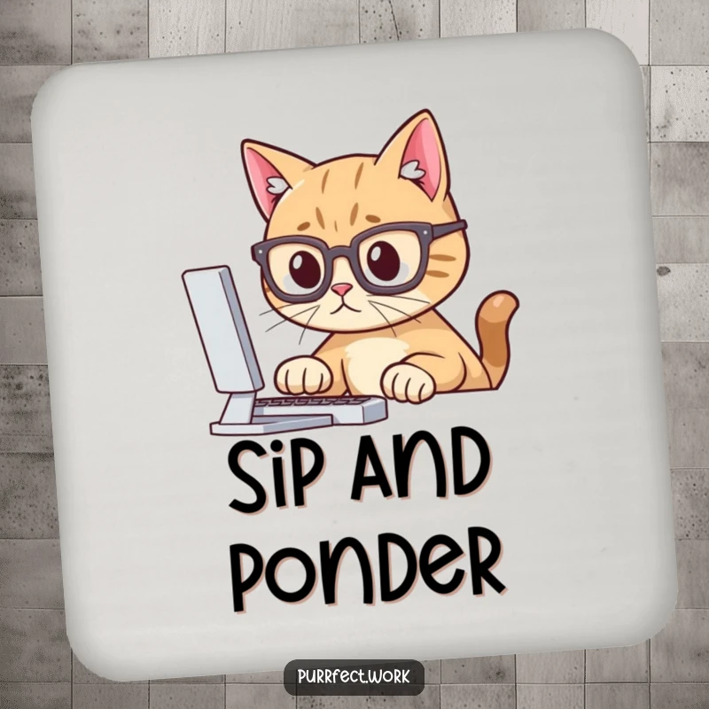 Funny drink coaster featuring a cat in glasses, focused on a computer screen, offering stylish and humorous surface protection.