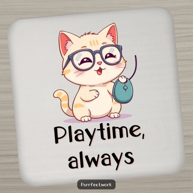 Funny drink coaster with a playful cat wearing glasses batting a computer mouse, protecting surfaces with charm.