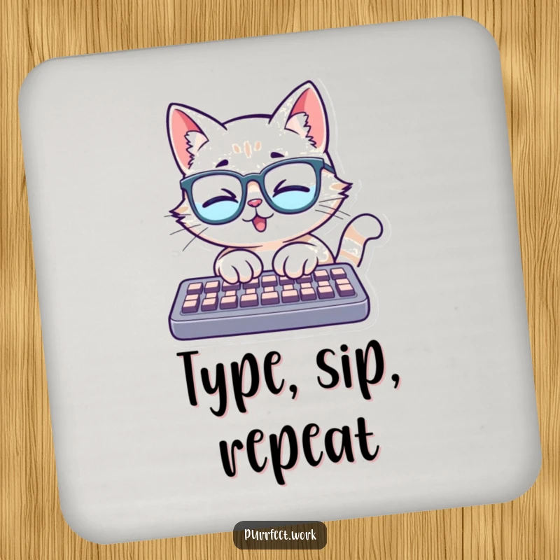 Funny drink coasters showing a cat with glasses, typing enthusiastically on a keyboard, offering intellectual and humorous surface protection.