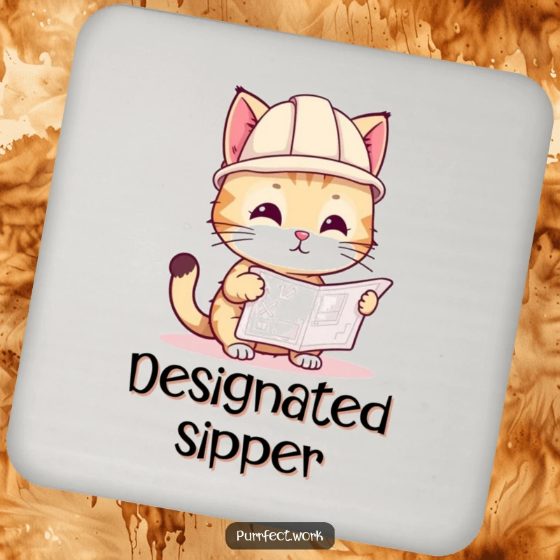 Funny drink coaster featuring a playful cat in a hard hat, looking at a blueprint, protecting surfaces with a smile.