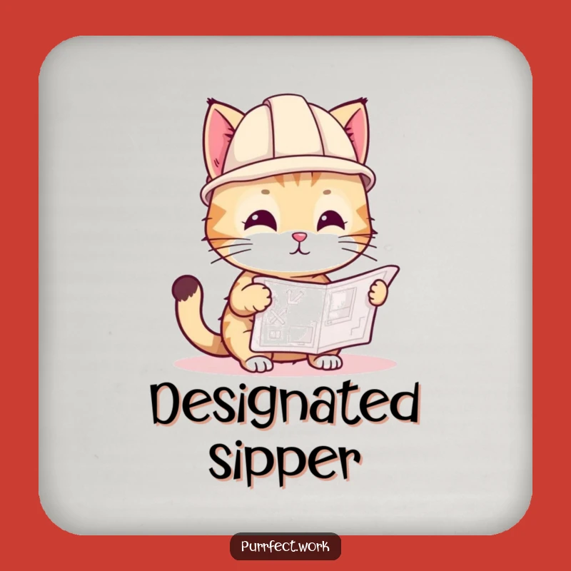 Funny Cat Hard Hat Coaster: Playful Builder Cat with Blueprint, Protective Accessory