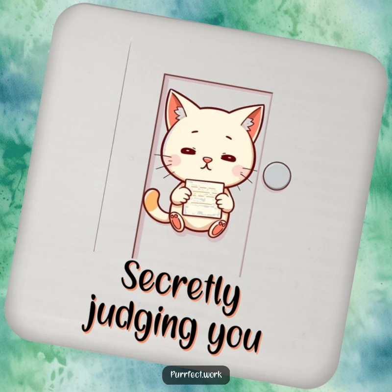 Funny drink coaster featuring a mischievous cat slipping a memo under a door, protecting surfaces with playful stealth.