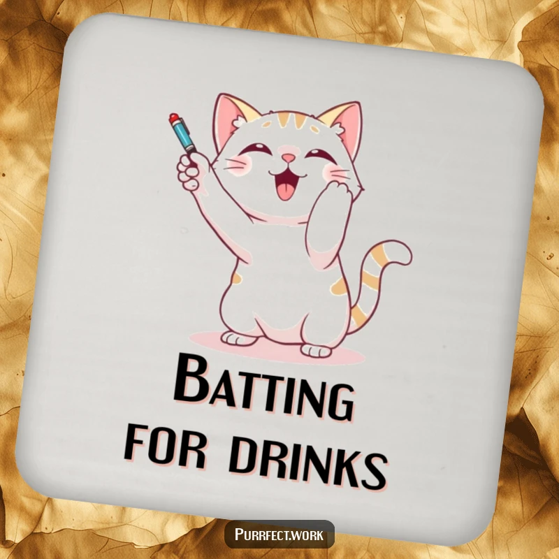 Funny drink coasters showing a cat playfully batting at a dangling pen, offering playful and humorous surface protection.