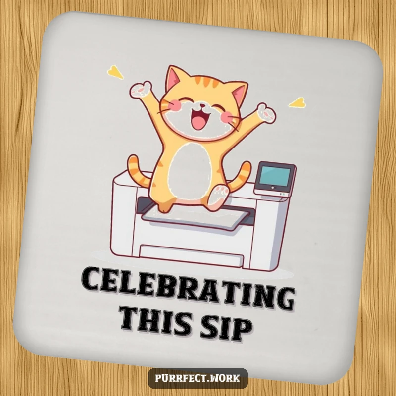 Funny cat captured mid-leap over a printer on a drink coaster, representing playful energy and humor.