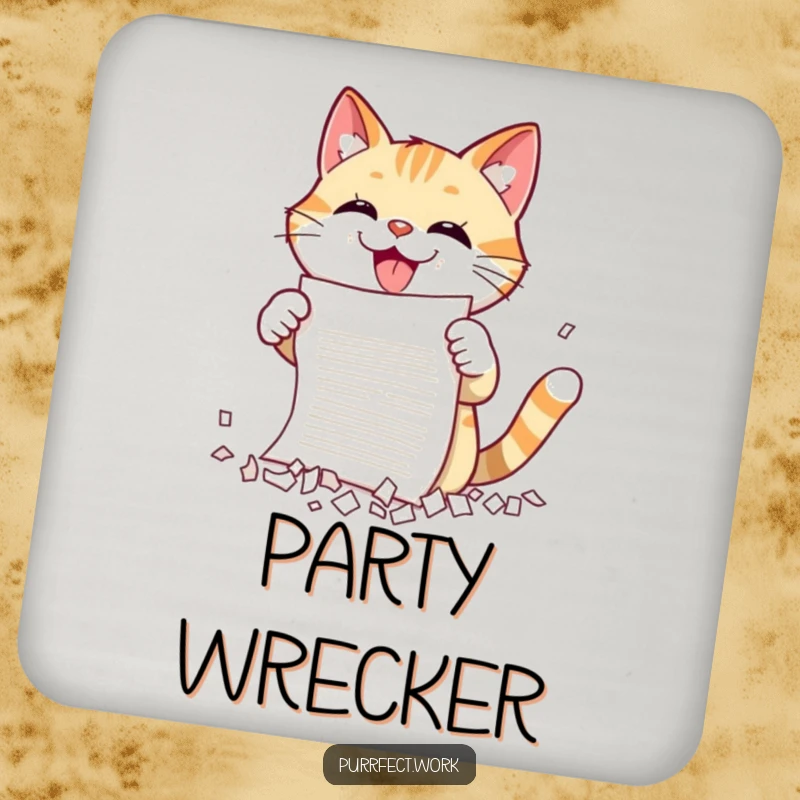Funny cat shredding coaster featuring a cat gleefully shredding paper, protecting surfaces with a touch of playful chaos and humor.