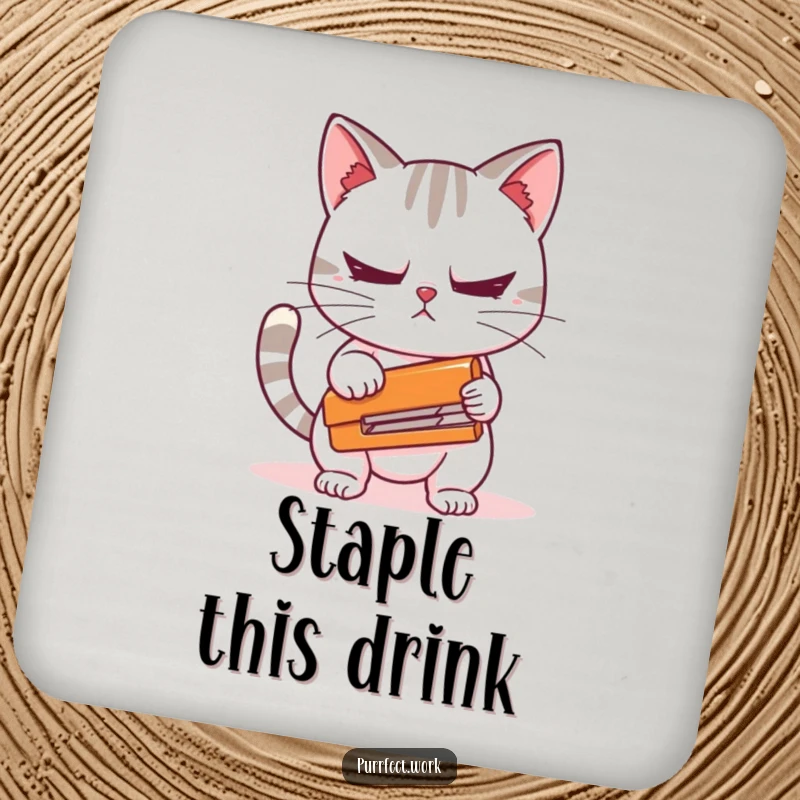 Funny coaster featuring a cat character nervously holding a stapler, adding office humor and protecting surfaces, a fun gift.