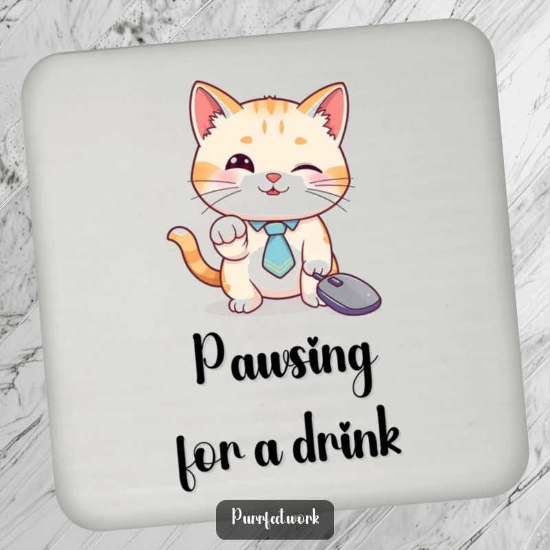Funny cat drink coaster, a cat in a tie batting a mouse cursor, protects tables from drinks.