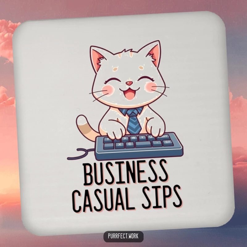 Funny drink coasters featuring a smiling cat character wearing a tiny tie, typing on a keyboard, adding professional flair.