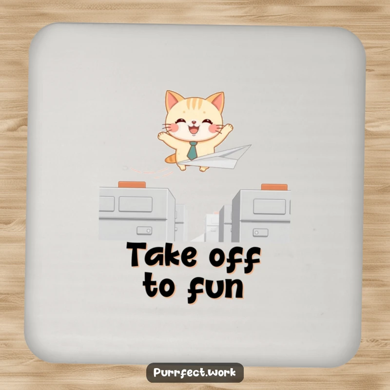 Funny drink coaster with a joyful cat in a tie flying a paper airplane over cubicles, adding humor to tabletops.