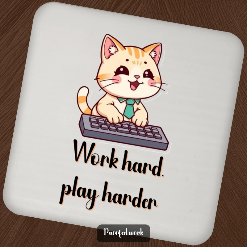 Funny coaster with a cat in a tie energetically typing on a keyboard, protecting surfaces with office humor.