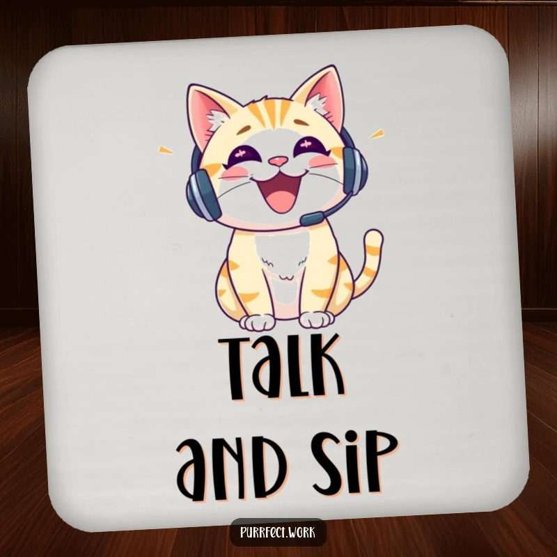 Funny cat with a headset motif on drink coasters, protecting surfaces with cheerful and lively charm.