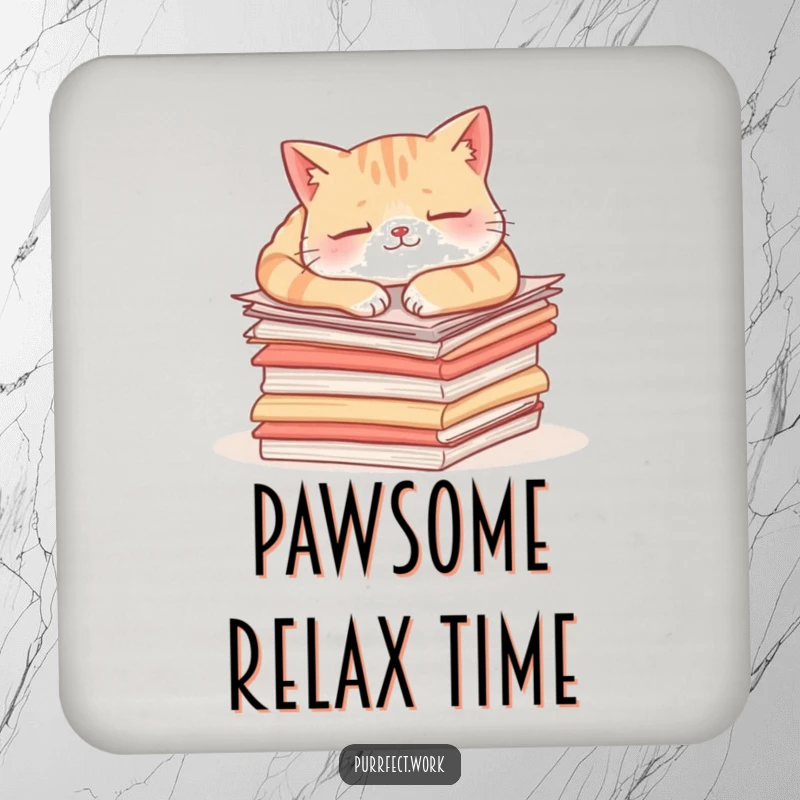 Funny content cat coasters showcasing a cat napping on papers, great for protecting furniture with a humorous design.