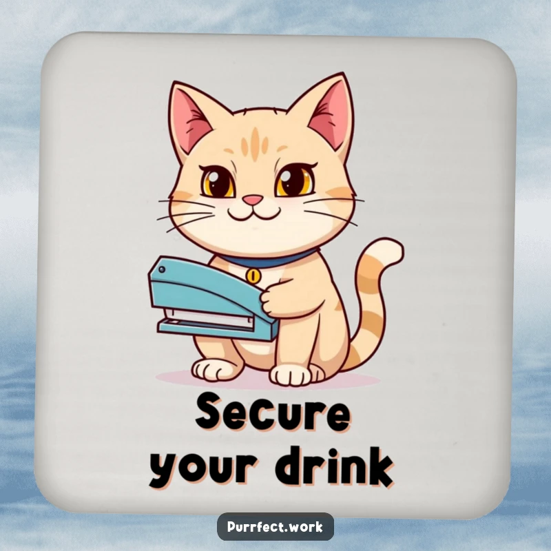 Funny drink coasters showing a determined cat holding a stapler with a grin, offering determined and humorous surface protection.