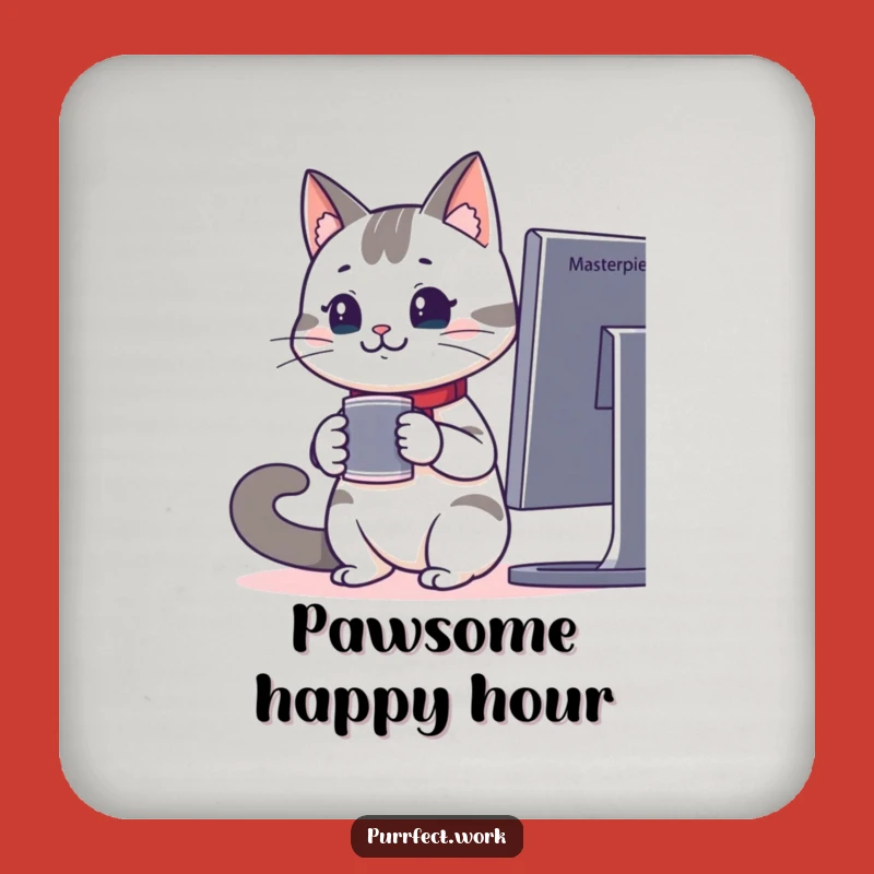 Funny Office Cat Drink Coaster - Attentive Monitor Watcher Table Protector