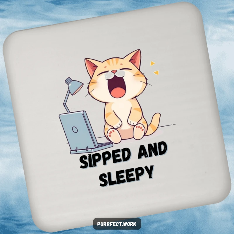 Funny cat coaster with a sleepy cat yawning widely at its desk, perfect for adding charm to any table.