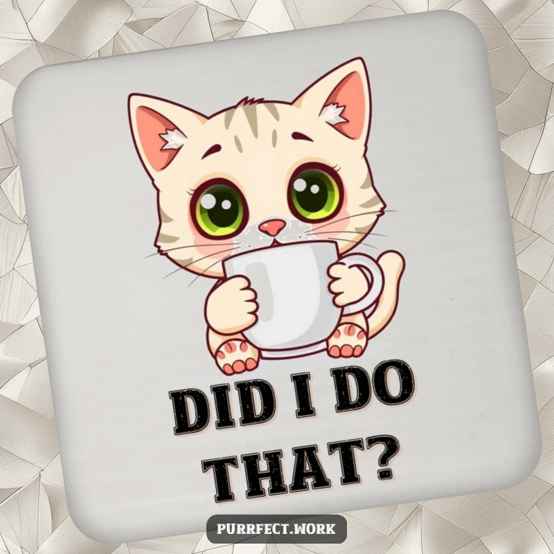 Funny surprised cat drink coaster, a cat with wide eyes holding a coffee mug, protects tables from drinks.