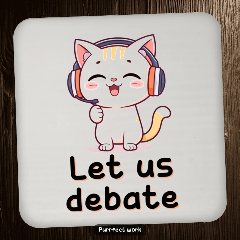 Funny drink coaster with a happy cat wearing headphones enthusiastically presenting, protecting surfaces with professionalism.