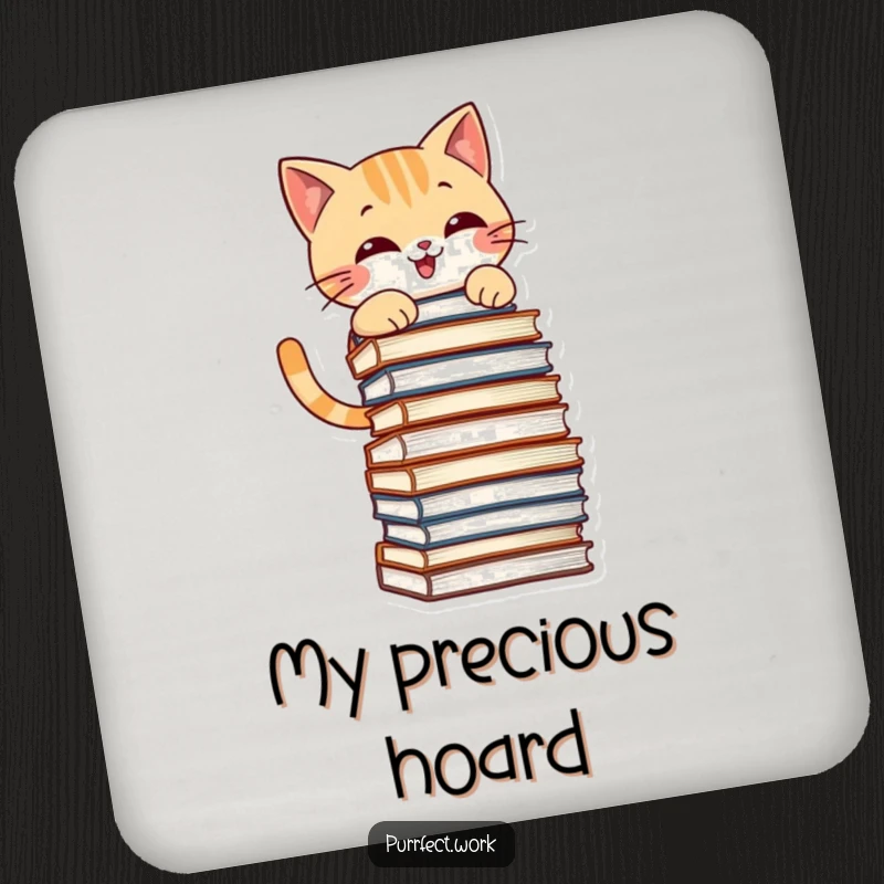 Funny drink coaster with a mischievous cat grinning while climbing a stack of files, protecting surfaces with charm.