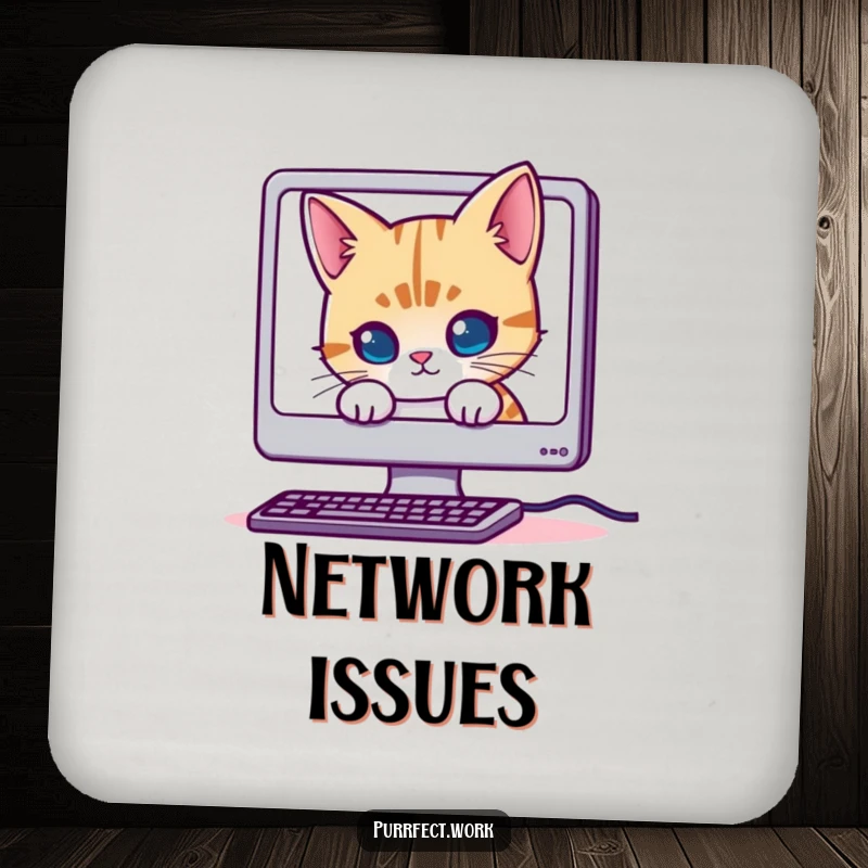 Funny Mischievous Cat Drink Coaster: A coaster showing a cat hiding behind a computer monitor, adding humorous protection to surfaces.