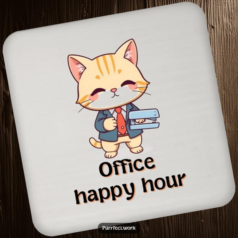 Funny drink coaster showing a cat in a business suit using a stapler, perfect for professional desk decor and surface protection.